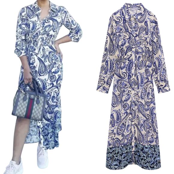 Zara Navy and Cream Paisley Maxi Dress - Picture 2 of 10